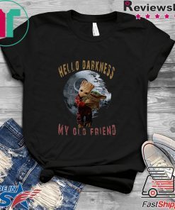 Baby Groot hugging Baby Yoda hello darkness my old friend Gift T-Shirt