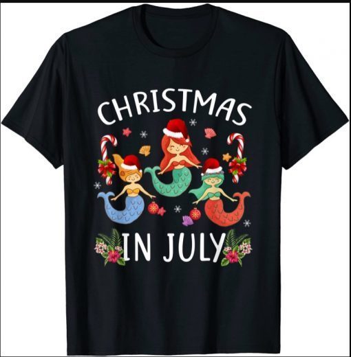 Christmas In July Cute Santa Mermaid Summer Beach T-Shirt