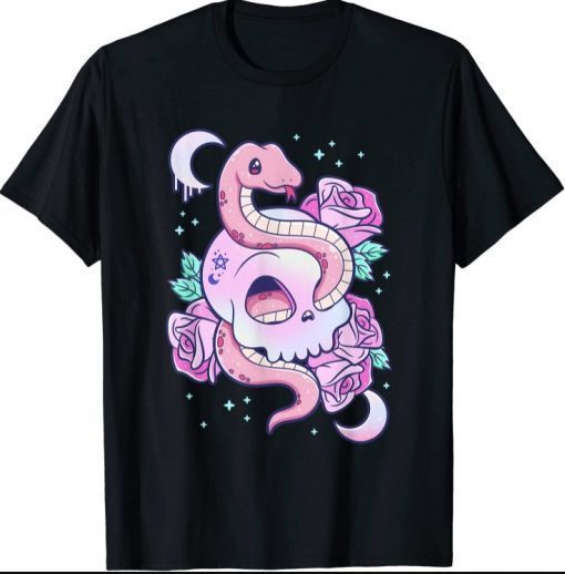 Kawaii Pastel Goth Cute Creepy Skull Serpent Snake Roses T-Shirt