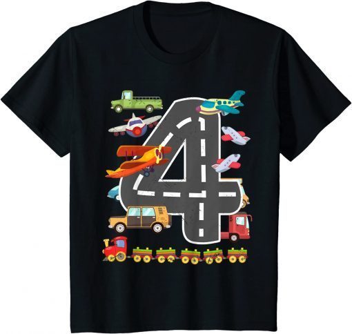 Kids Cute 4 Year Old Transportation Birthday Car Trains Plane 4 T-Shirt