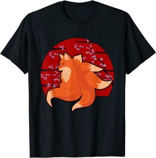 Kitsune Fox with Many Tails Cherry Blossom Japanese Unisex T-Shirt