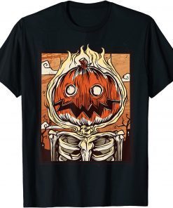 Pumpkin Head on Fire Skeleton - Creepy Scary Evil Gift Tee Shirt