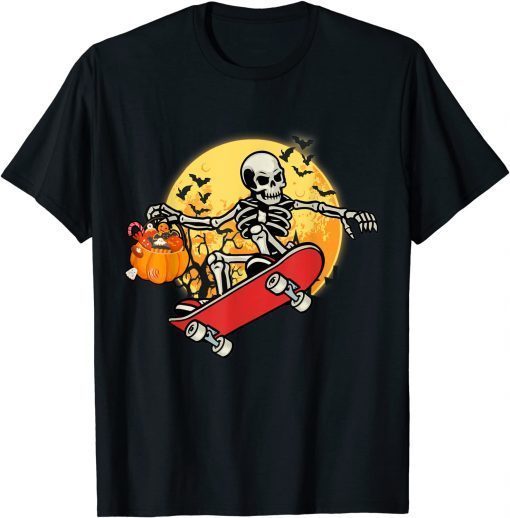 Skateboarding Skeleton Skater Halloween Skate Pumpkin Candy T-Shirt