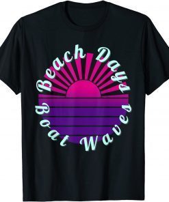 Beach Days Boat Waves Summer Vacation Pink Ocean Sunset T-Shirt