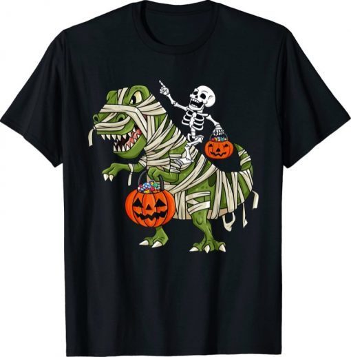 2021 Skeleton Riding Mummy T Rex Halloween Boys Girls Kids Tee Shirt