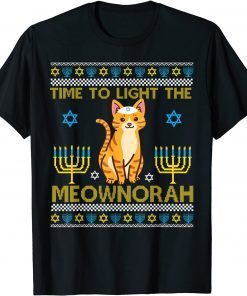 Light The Meownorah Jewish Cat Menorah Lover Ugly Chanukah Gift T-Shirt