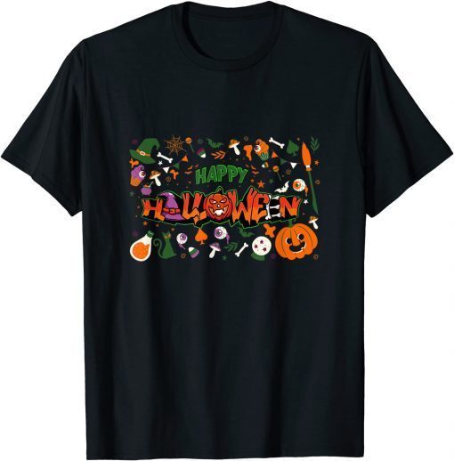 Drawn Halloween Black Cat Pumkin T-Shirt