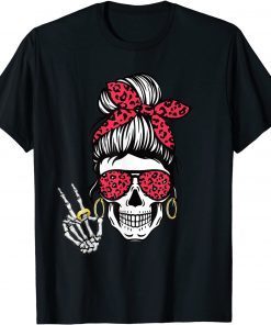 Boho Skeleton Peace Sign Messy Bun Bandana Halloween Apparel T-Shirt