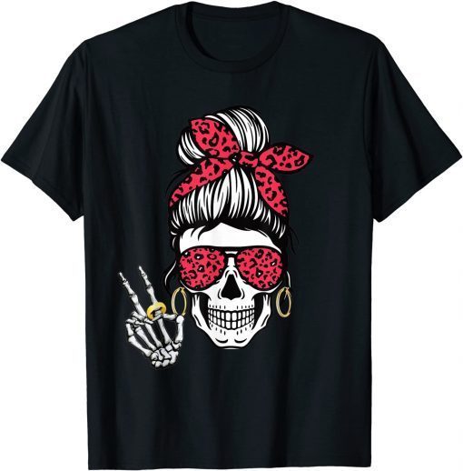 Boho Skeleton Peace Sign Messy Bun Bandana Halloween Apparel T-Shirt