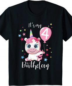 T-Shirt Kids It is My 4th Birthday I am 4 Years Sweet Cute Unicorn Balloon