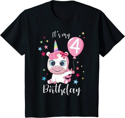 T-Shirt Kids It is My 4th Birthday I am 4 Years Sweet Cute Unicorn Balloon