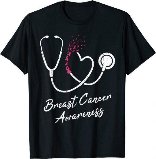 2021 Nurse Stethoscope Heart Pink Ribbon Breast Cancer Awareness T-Shirt