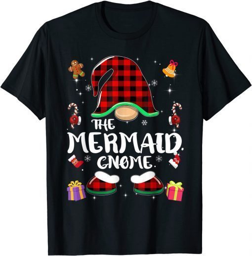 Mermaid Gnome Buffalo Plaid Red Matching Family Christmas T-Shirt