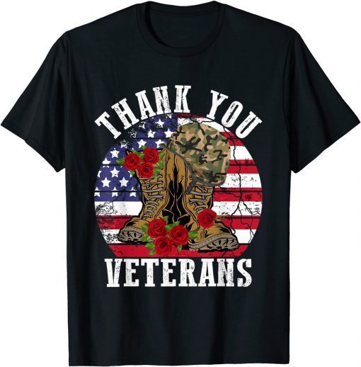 Vintage Thank You Veterans Combat Boots Flower Veterans Day T-Shirt