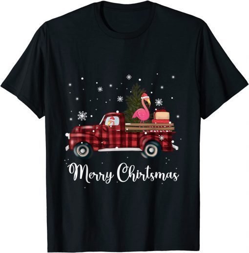 Merry Christmas Flamingo Farm Red Truck with Christmas Tree Unisex T-Shirt