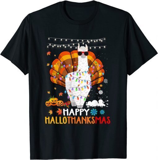 Llama Happy Hallothanksmas Halloween Thanksgiving Xmas 2021 T-Shirt