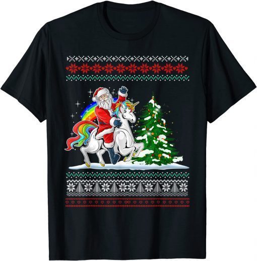 T-Shirt Santa Claus Riding On A Unicorn Ugly Christmas Funny