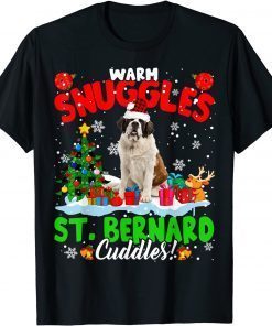 Funny Warm Snuggles St. Bernard Cuddles Xmas Tree Plaid Santa Dog T-Shirt