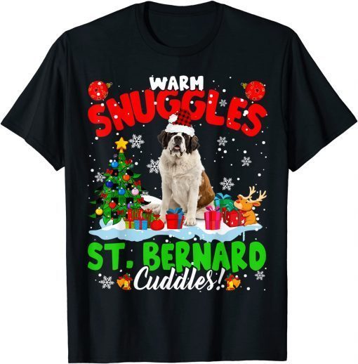 Funny Warm Snuggles St. Bernard Cuddles Xmas Tree Plaid Santa Dog T-Shirt
