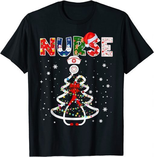 Nurse Stethoscope Christmas Tree Lights Decorations Xmas Pjs 2022 T-Shirt