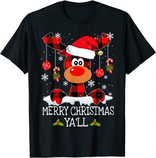 Official Merry Christmas Ya'll Buffalo Red Plaid Reindeer Santa Hat T-Shirt