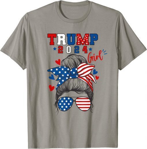 Trump 2024 Girl Messy Hair Bun Flag Sunglasses Tee Shirts