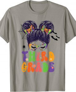 Back To School Groovy 3rd Grade Halloween Vibes Messy Bun Gift Tee Shirt