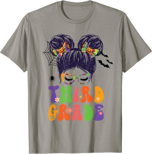 Back To School Groovy 3rd Grade Halloween Vibes Messy Bun Gift Tee Shirt