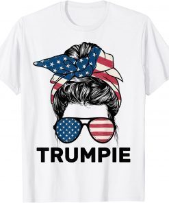 Trumpie Anti Biden Rally Wear Messy Hair Bun American Flag T-Shirt
