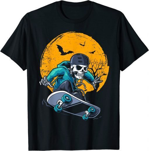 Funny A Skeleton Skateboard Playing Cruiser Skateboard Pumpkins T-Shirt