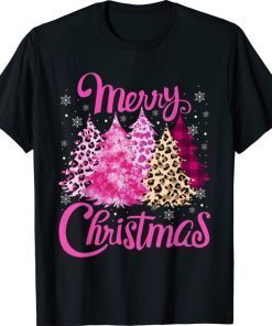 Merry Christmas Tree Pink Funny Xmas Leopard Matching Family T-Shirt