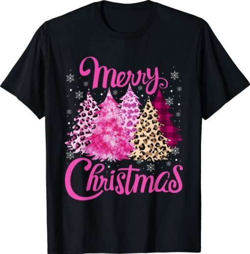 Merry Christmas Tree Pink Funny Xmas Leopard Matching Family T-Shirt