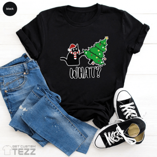 Black Cat What Christmas, Xmas Holiday T-Shirt