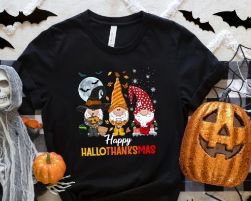 Happy Hallothanksmas Gnomes Halloween And Merry Christmas Shirt