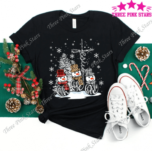 Faith Hope Love Jesus Leopard Snowman Christmas Tee Shirts